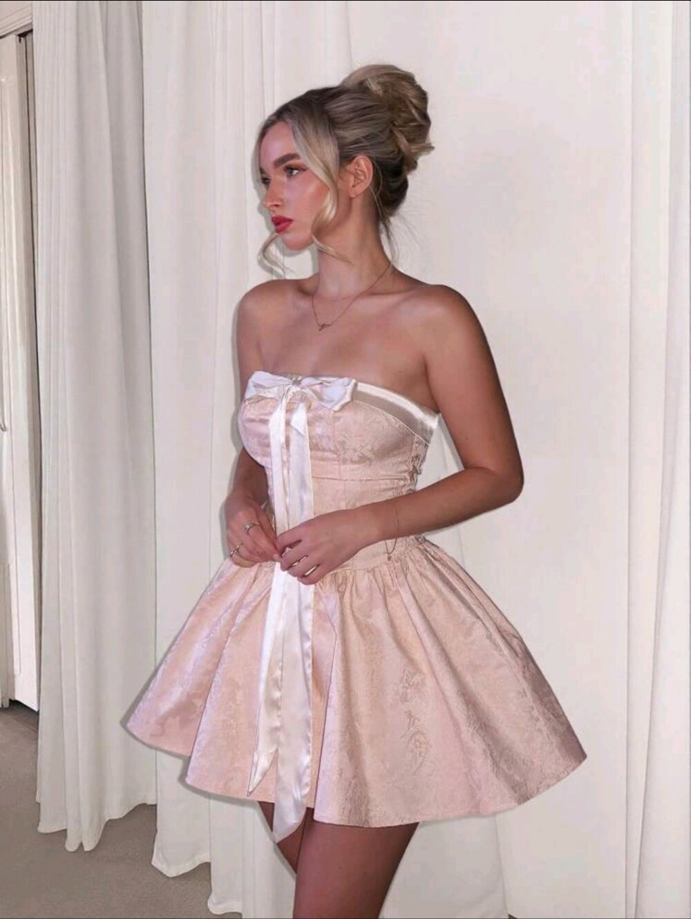 Glamine Charm Pink Satin Bow Mini Dress | Jacquard Peplum Party Dress | S 8/10